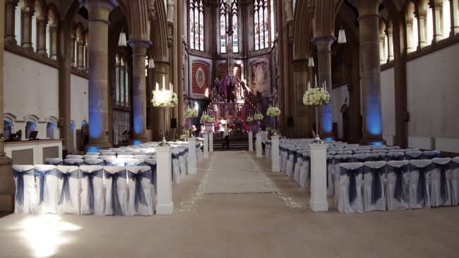 Stunning Civil Ceremony with White Carpet and Chair Covers with Navy Bows Monastery Manchester