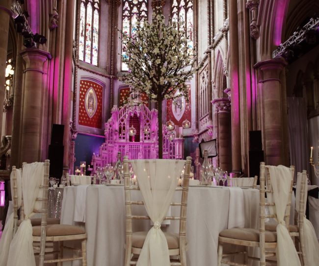 Room Uplighting Manchester Chiavari Chair Hire Monastery Blossom Tree with Hanging Tealights Centrepiece