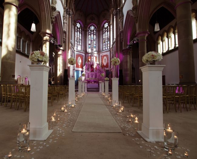 Candle Lit Aisle Petals Wedding Podiums with Silk Flower Arrangements