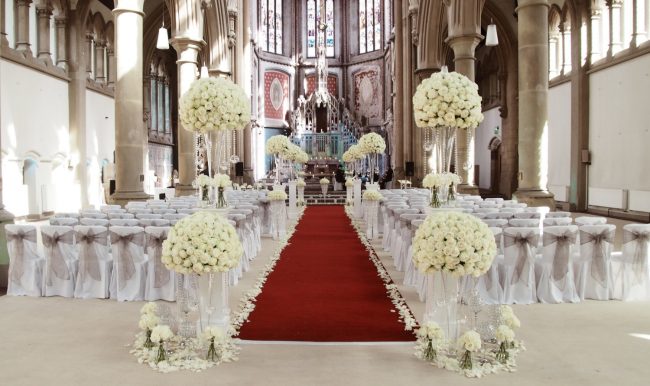 Luxury Wedding Decor at The Monastery Manchester Cream Rose Flower Arrangements