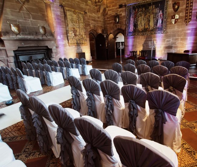 5ft Silver Candelabras and grey ruffle hoods