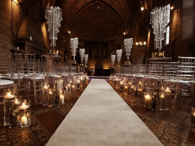 Crystal Centrepieces and Clear Aisle Plinths Winter Wedding