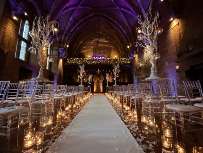 Winter wonderland wedding at Peckforton Castle Purple Uplighters