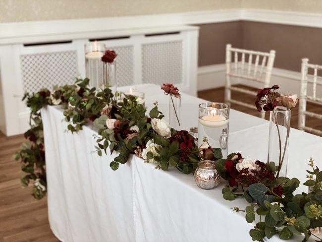 Greenery Garland with Burgundy & Pink Flowers for Top Table