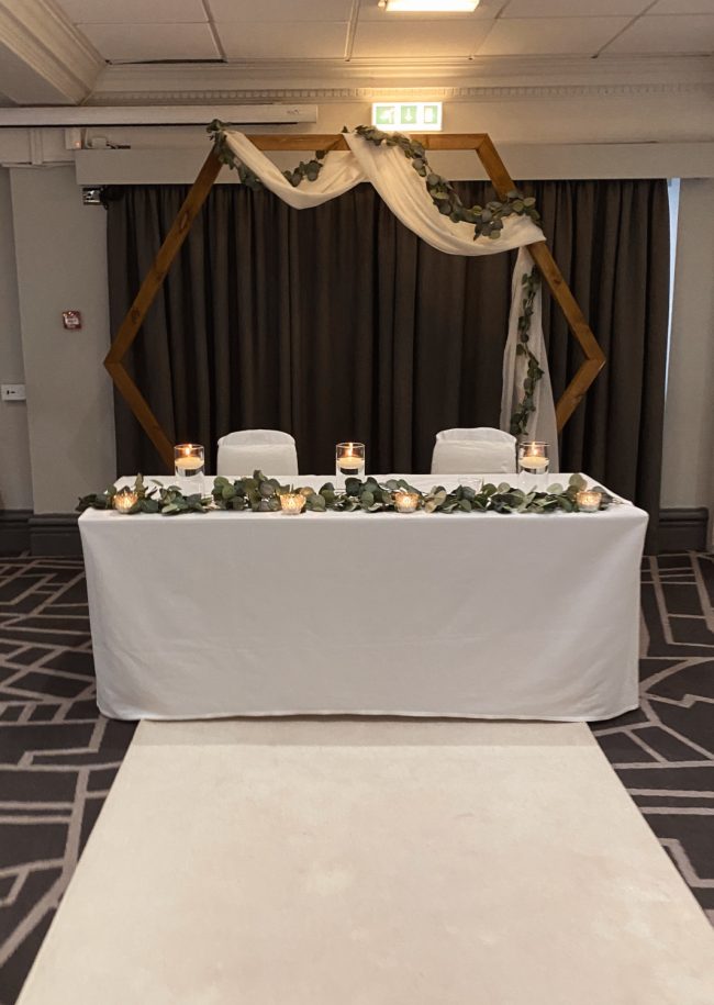 Wedding Wooden Hexagon Arch with Chiffon Draping