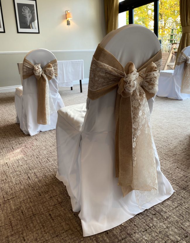 Hessian and Lace Sashes with White Chair Covers